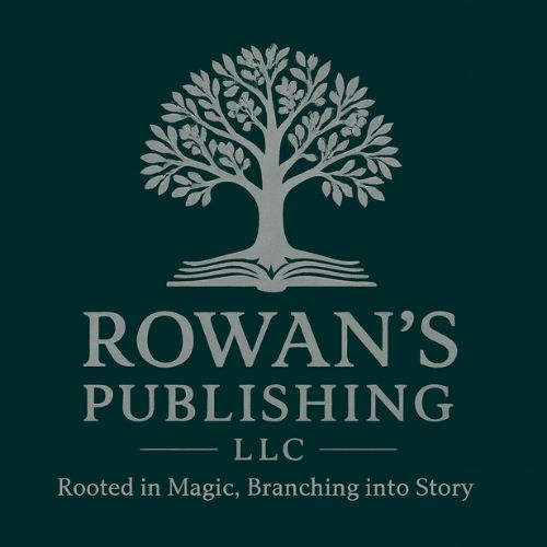 Logo for Rowan’s Publishing LLC featuring a stylized tree growing from an open book. The company name appears below in bold capital letters, with the tagline ‘Rooted in Magic, Branching into Story’ beneath it.